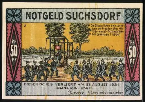 Notgeld Suchsdorf 1921, 50 Pfennig, Dänen auf der Eiderkanal-Schlagbrücke