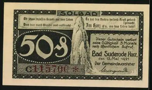 Notgeld Bad Suderode /Harz 1921, 50 Pfennig, Saalstein