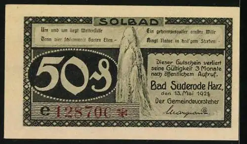 Notgeld Bad Suderode /Harz 1921, 50 Pfennig, Blick ins Kalte Tal