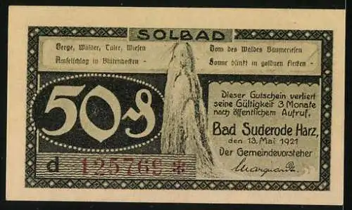 Notgeld Bad Suderode /Harz 1921, 50 Pfennig, Saalsteine mit Kutsche