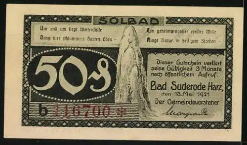 Notgeld Bad Suderode /Harz 1921, 50 Pfennig, Kalte Talwiese