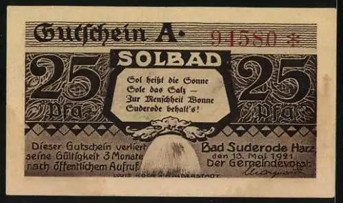 Notgeld Bad Suderode /Harz 1921, 25 Pfennig, Kalte Talwiese