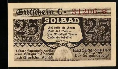 Notgeld Bad Suderode /Harz 1921, 25 Pfennig, Saalstein mit Wald