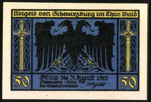 Notgeld Schwarzburg im Thür. Wald 1922, 50 Pfennig, Strasse in der Hügellandschaft