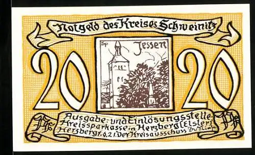 Notgeld Schweinitz 1921, 20 Pfennig, Löwe und des Papstes dreifache Krone