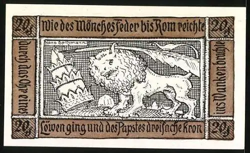 Notgeld Schweinitz 1921, 20 Pfennig, Löwe und des Papstes dreifache Krone