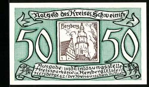 Notgeld Schweinitz 1921, 50 Pfennig, Amtshaus anno 1620