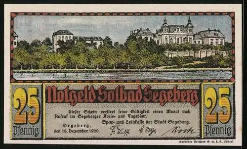 Notgeld Segeberg 1920, 25 Pfennig, Ortsansicht am Fluss