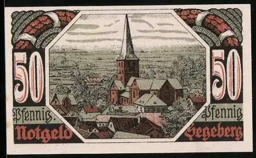 Notgeld Segeberg 1920, 50 Pfennig, Stadt und Burg im Jahre 1580, die Kirche