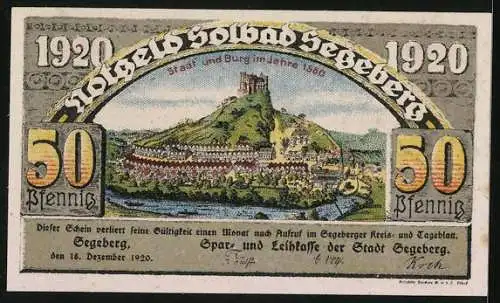 Notgeld Segeberg 1920, 50 Pfennig, Stadt und Burg im Jahre 1580, die Kirche