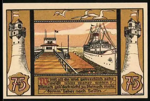 Notgeld Sellin a. Rügen, 75 Pfennig, Dampfer an der Landestelle