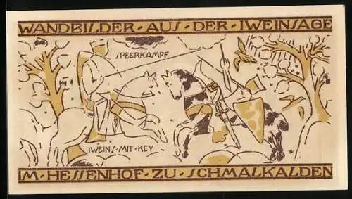 Notgeld Schmalkalden 1921, 50 Pfennig, Wandbild aus der Iweinsage, Speerkampf Iweins mit Key