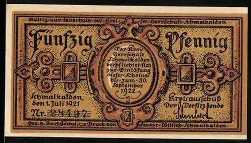 Notgeld Schmalkalden 1921, 50 Pfennig, Wandbild aus der Iweinsage, Das Grosse Festmahl