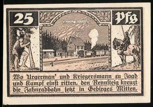 Notgeld Schmiedefeld i. Thüringen, 25 Pfennig, Bahnhof Rennsteig, Glasindustrie