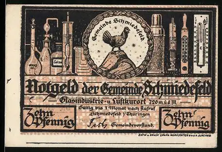 Notgeld Schmiedefeld i. Thüringen, 10 Pfennig, Blödner`s Anlagen, Glasindustrie
