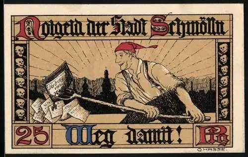 Notgeld Schmölln /S.-A. 1921, 25 Pfennig, Mann beseitigt Notgeldscheine