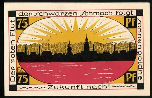 Notgeld Schmölln /S.-A. 1921, 75 Pfennig, Sonnenaufgang über der Stadt