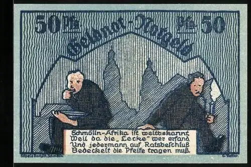 Notgeld Schmölln i. Thür. 1921, 50 Pfennig, Zwei Männer sitzen beieinander