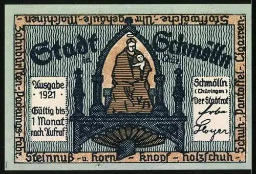 Notgeld Schmölln i. Thür. 1921, 50 Pfennig, Zwei Männer sitzen beieinander