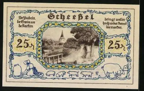 Notgeld Scheessel 1921, 25 Pfennig, Wegpartie mit Blick zur Kirche