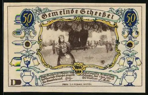 Notgeld Scheessel 1921, 50 Pfennig, Frau an grossem Baum, Pferdepflug