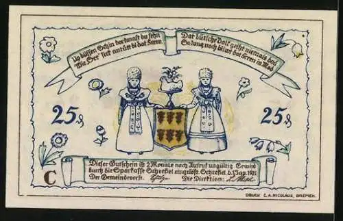 Notgeld Scheessel 1921, 25 Pfennig, Wegpartie vor der Ortschaft