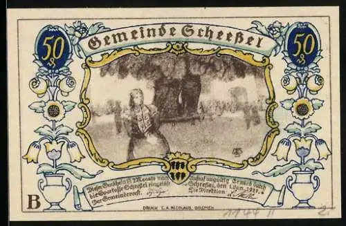Notgeld Scheessel 1921, 50 Pfennig, Frau in Tracht, Pferdepflug