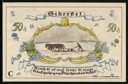 Notgeld Scheessel 1921, 50 Pfennig, Pferdepflug, Frau in Tracht