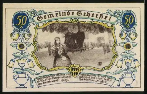 Notgeld Scheessel 1921, 50 Pfennig, Pferdepflug, Frau in Tracht