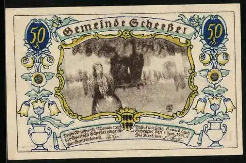 Notgeld Scheessel 1921, 50 Pfennig, Frau in Tracht an einem Baum, Pferdepflug