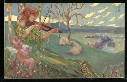 Künstler-AK Junge Frau spielt nebst Engel Geige im Wald