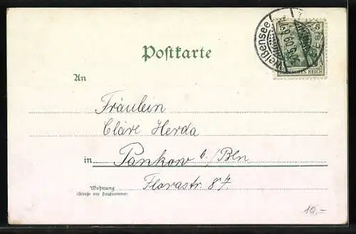 Lithographie Engel mit Vergissmeinnicht wünscht fröhliche Pfingsten