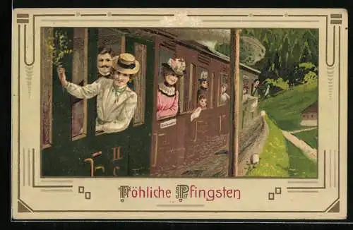 AK Pfingsten, Bahnreisende grüssen aus ihren Fenstern heraus