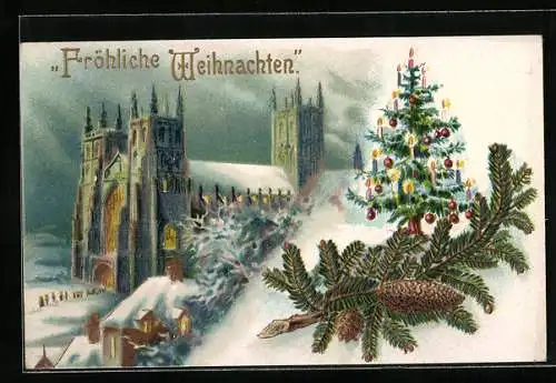 Präge-AK Fröhliche Weihnachten, Verschneite Kirche und geschmückter Weihnachtsbaum