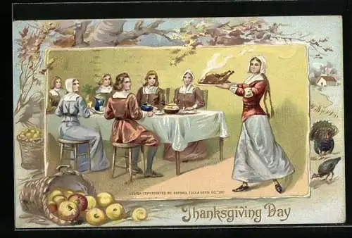Präge-AK Junge Frau bringt an Thanksgiving den dampfenden Truthahn zu Tisch