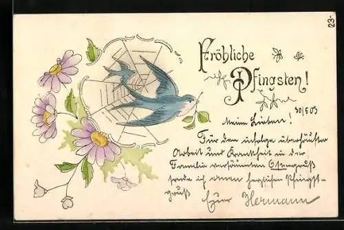 AK Fröhliche Pfingsten, Schwalben und lilane Blumen