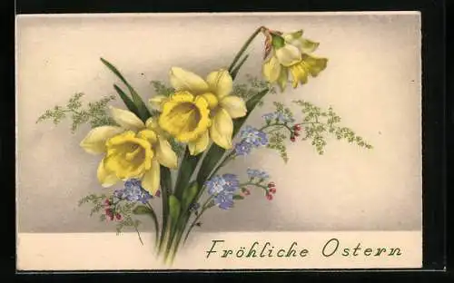 AK Strauss mit gelben Osterglocken und Vergissmeinnicht, Fröhliche Ostern