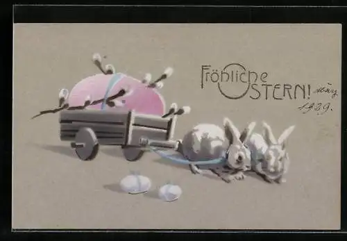 AK Osterhasen ziehen eine Karre mit grossem Ei