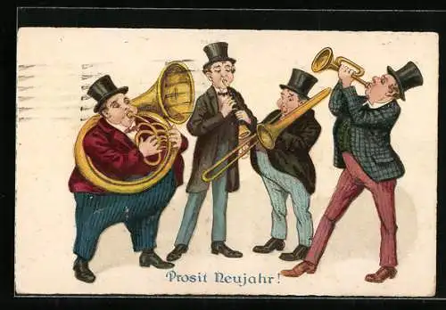 AK Männer musizieren zu Neujahr mit Trompete, Tuba, Horn