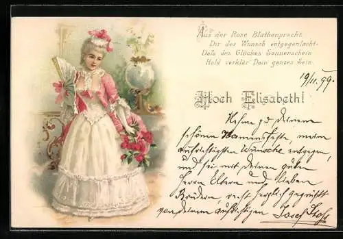 AK Namenstag Elisabeth, junge Frau im Kleid mit Fächer und Rosen