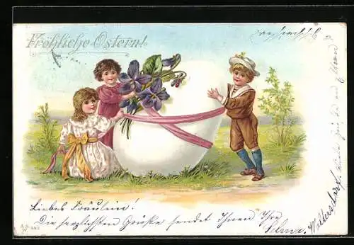 Lithographie Fröhliche Ostern!, Kinder mit Ei und Veilchen
