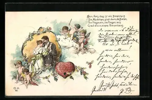 AK Amor und Engelskollegen zielen auf ein verliebtes Paar