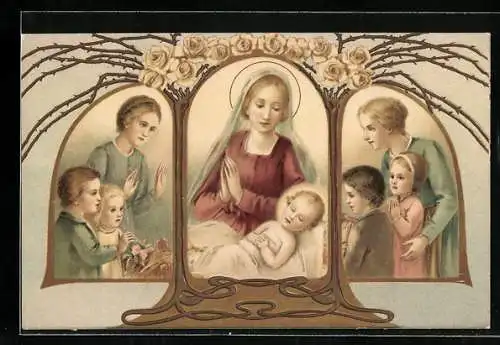 AK Maria mit Jesusknaben umringt von Leuten unterm Rosenbogen, Weihnachten