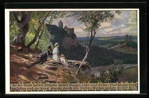 Künstler-AK P. Hey, Volksliederkarte Nr.: 44, An der Saale hellem Strande, Mann und Frau sitzen auf dem Berg