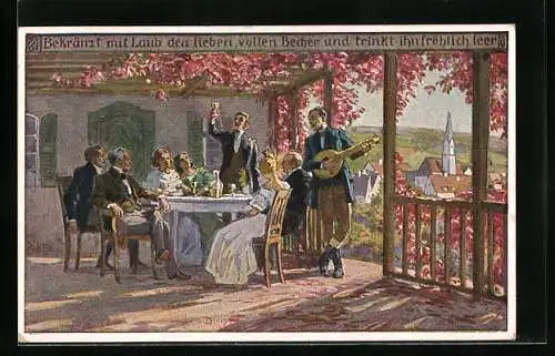 Künstler-AK P. Hey, Volksliederkarte Nr.: 43, Bekränzt mit Laub den lieben, vollen Becher und trinkt ihn frohlich leer