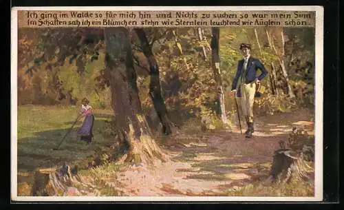 Künstler-AK P. Hey, Volksliederkarte Nr.: 62, Ich ging im Walde so für mich hin, Spaziergänger im Wald