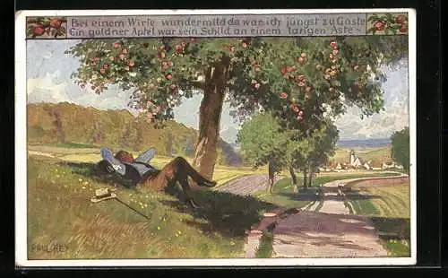Künstler-AK P. Hey, Volksliederkarte Nr. 53:  Beim einem Wirte wundermild, Mann entspannt unterm Apfelbaum