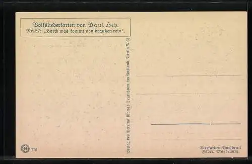 Künstler-AK P. Hey, Volksliederkarte Nr.: 57, Horch was kommt von draussen rein..., Tischler mit Hobel