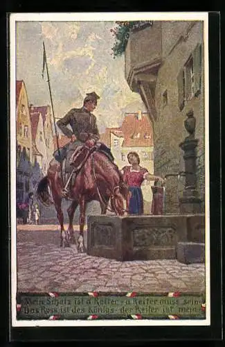 Künstler-AK Paul Hey: Volksliederkarte Nr. 37: Mein Schatz ist a Reiter, Soldat in Uniform zu Pferde und Frau am Brunnen
