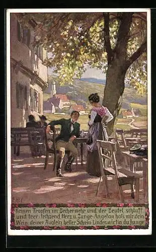 Künstler-AK P. Hey, Volksliederkarte Nr.: 40, Keinen Tropfen im Becher, und der Beutel schlaff, die schöne Wirtin...